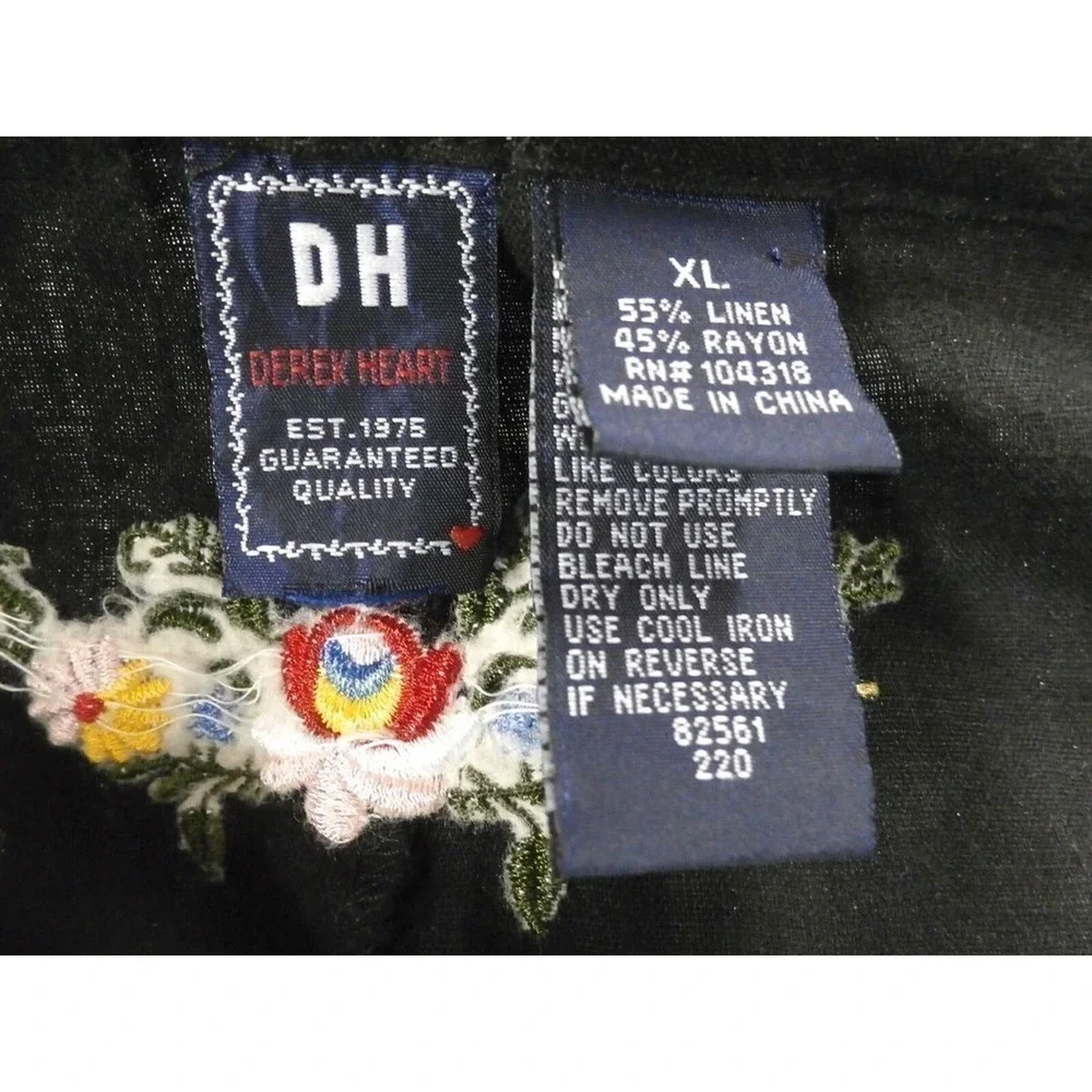 DEREK HEART Black Linen Pants XL / 32 Drawstring Wide Straight Leg Embroidered